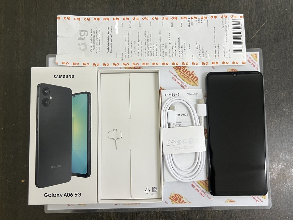 ขายถูก Samsung A06 5G RAM6GB ROM128GB (ตัวท๊อป รองรับ5G) ศูนย์ไทย สีดำ มือ2สภาพมือ1 อุปกรณ์ครบกล่องพร้อมใบเสร็จ ประกันยาวๆหมดวันที่ 13 กรกฎาคม 2569